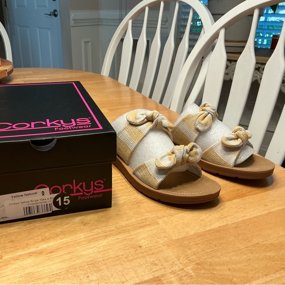 Corkys Natural and Cream Bow Slide Sandals